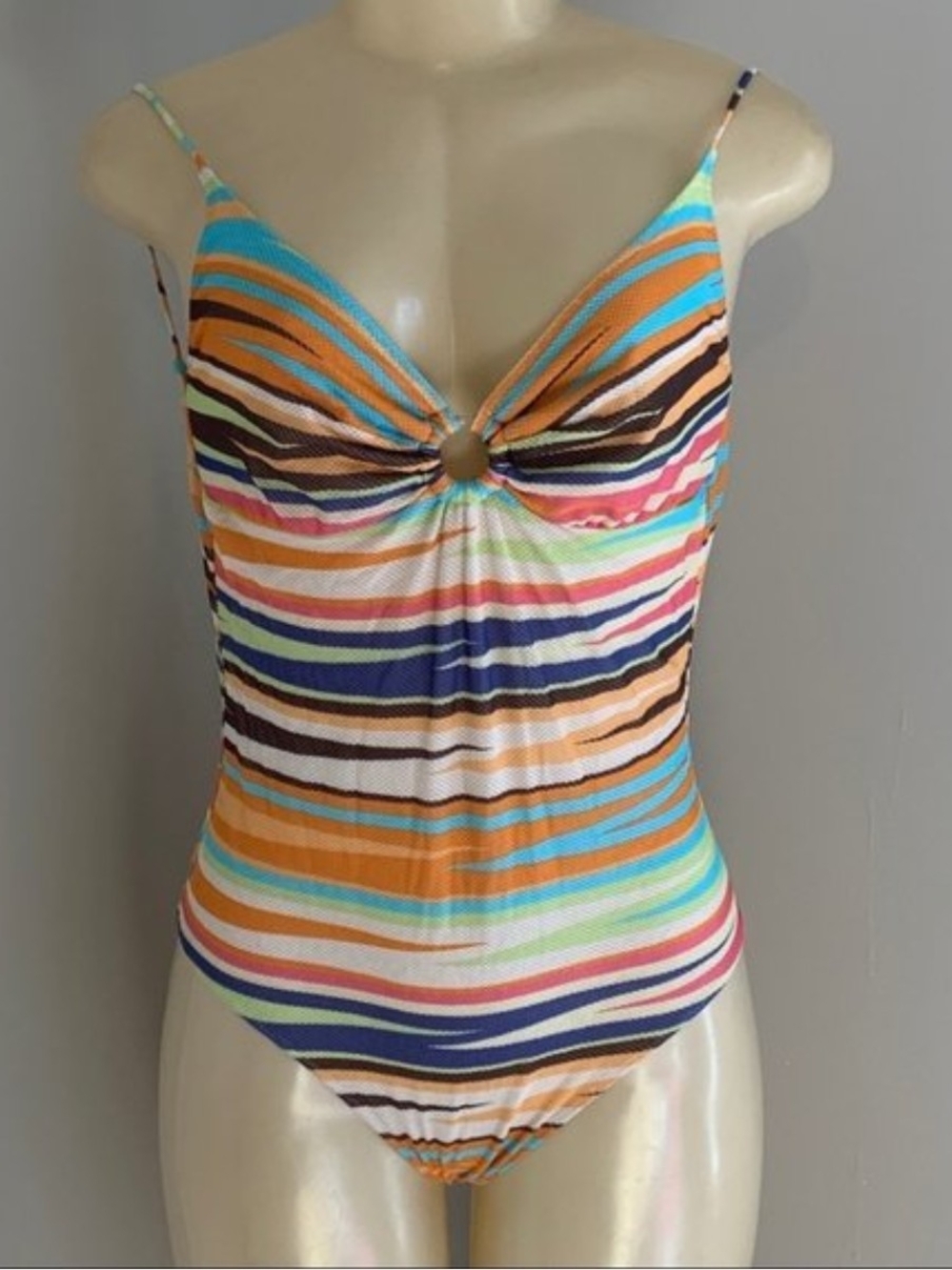 Vintage Missoni Striped Multicolor One-Piece Swimsuit with Front Ring